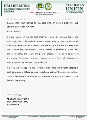 UMYUK SUG cautions students over taking laws into their own hands