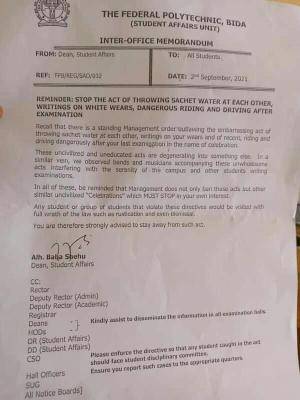 Federal Poly Bida bans writing on wears & signing out parties