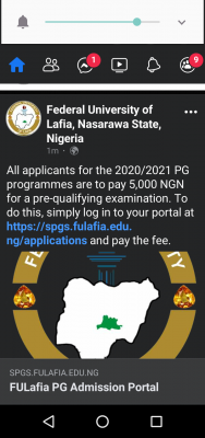 FULAFIA notice to postgraduate applicants on payment of pre-qualifying exams, 2020/2021