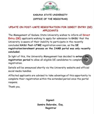 KASU registration update for Direct Entry candidates, 2025/2026