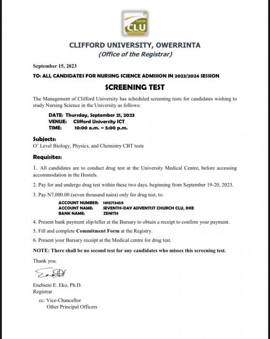 Clifford University notice to candidates for Nursing Science admission, 2023/2024
