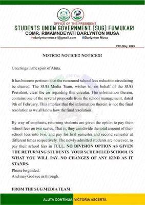 FUWUKARI SUG notice on mode of payment of school fees