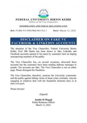 FUBK disclaimer on fake VC's Facebook & LinkedIn accounts