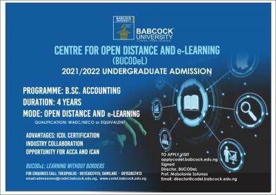 Babcock University Center for Open Distance and E-learning admission, 2021/2022