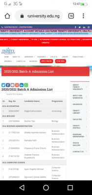 Trinity University batch A admission list for 2020/2021 session