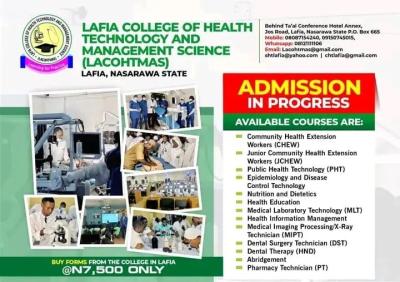 Lafia College of Health Technology and Management Science (LACOHTMAS) admission, 2026/2027
