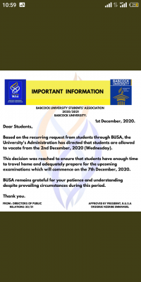 Babcock University Students' Association (BUSA) notice to students