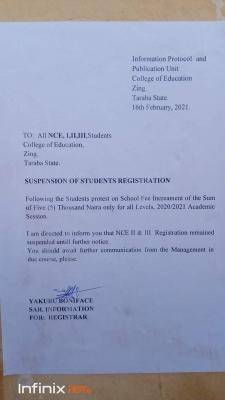 College of Education, Zing suspends students' registration due to protest