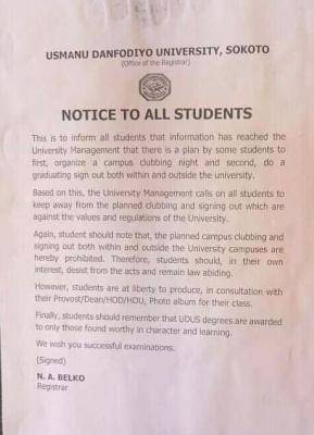 UDUSOK notice to graduating students on clubbing and sign out party