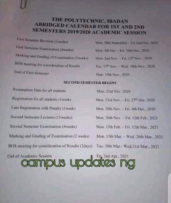 Poly Ibadan revised Academic Calendar for 2019/2020 session