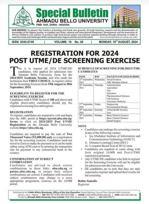 ABU PostUTME/DE 2024 cutoff mark, eligibility and registration