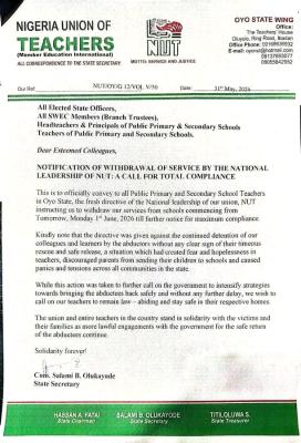 NUT directs Oyo Teachers to embark on indefinite strike