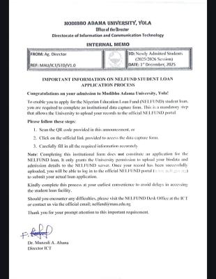 MAUTECH notice to new students on NELFUND application process