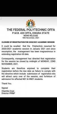 Fed Poly, Offa notice on closure of course registration for 2020/2021 session