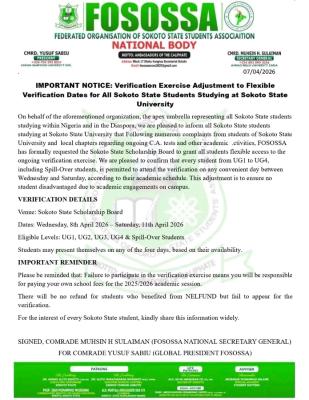 BFederated Organisation of Sokoto State Students Association update on scholarship verification