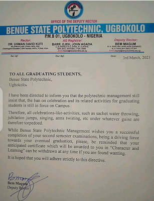 Benue State Poly notice to graduating students