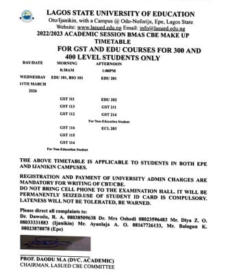 LASUED Make-Up Timetable for GST and EDU Courses for 300 & 400 level students