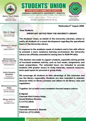 UDUS SUG issues notice to students on library operational hours