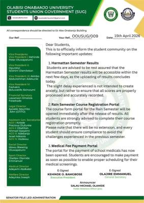 OOU SUG update on release of Harmattan Results, Registration and Medical Fee