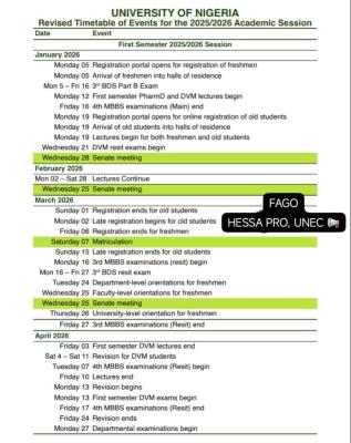 UNN revised Timetable of Events for the 2025/2026 Academic Session