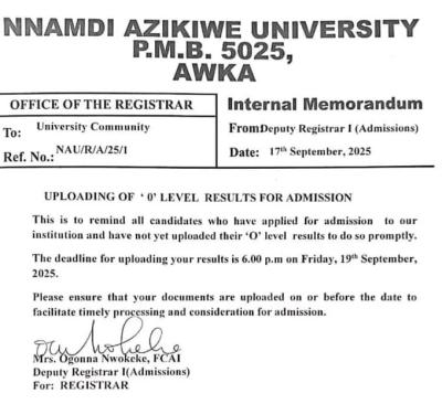 UNIZIK notice on uploading of O'Level results for admission