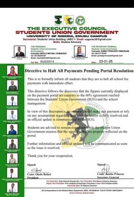 UNN SUG directs students to halt school fees payment