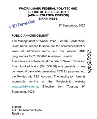 Waziri Umaru Federal Polytechnic, Birnin Kebbi releases HND form, 2025/2026