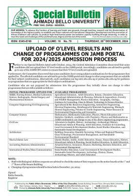 ABU notice on upload of o'level results and change of programmes for 2024/2025 admission process