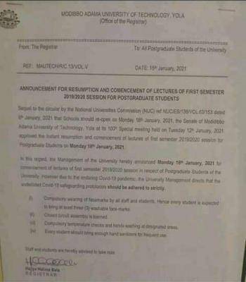 MAUTECH notice on postgraduate resumption