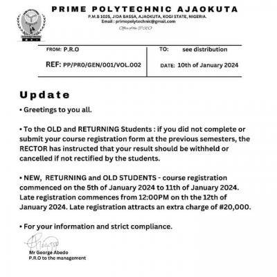 Prime Polytechnic notice on course registration