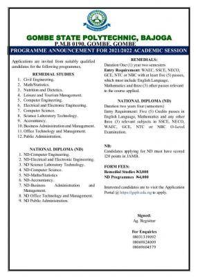 Gombe State Polytechnic Remedial Admission, 2021/2022