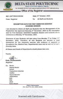 Delta Polytechnic Otefe-Oghara resumption date for 1st semester, 2022/2023