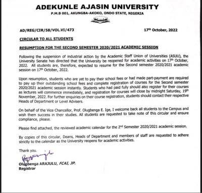 AAUA announces resumption of academic activities