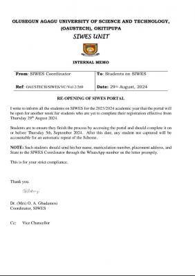 OAUSTECH notice on reopening of SIWES portal, 2023/2024