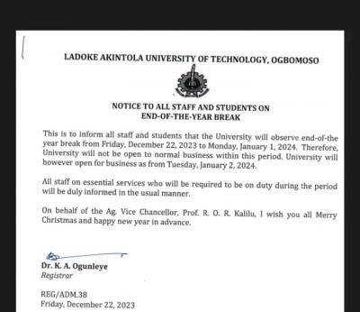 LAUTECH notice to staff and students on end of year break