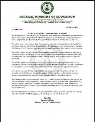 Federal Ministry of Education responds to alleged distorted instructional materials in schools