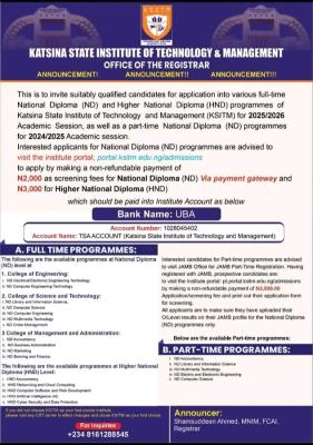 Katsina State Institute of Technology & Management admissions, 2025/2026