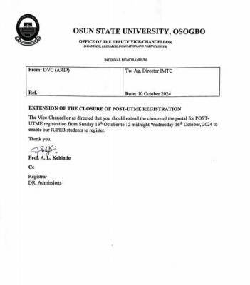 UNIOSUN extends Post UTME registration deadline, 2024/2025