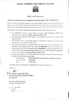 Baba-Ahmed University releases provisional admission list, 2025/2026