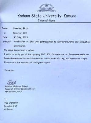KASU notice on ENT 301 (Introduction to Entrepreneurship and Innovation) examination.