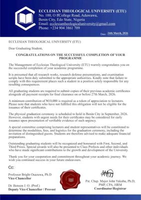 Ecclesian Theological University notice to graduands ahead of the graduation ceremony