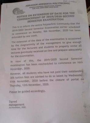Abraham Adesanya Polytechnic issues notice on extension of 2019/2020 examination