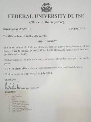 FUDUTSE notice on public holiday