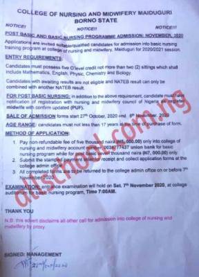 College of Nursing and Midwifery Maiduguri Post Basic & Basic Nursing admission forms, 2020/2021