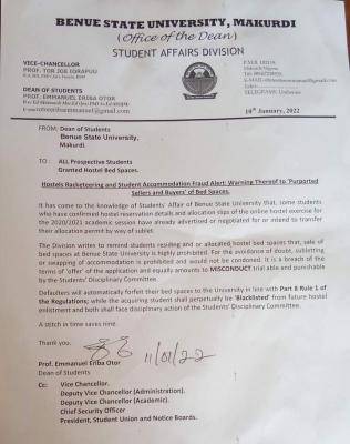 BSU warns students against hostel racketeering