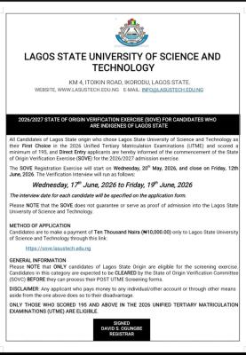 LASUSTECH announces State of Origin Verification Exercise (SOVE), 2026/2027
