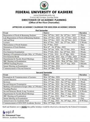 Federal University, Kashere approved academic calendar, 2023/2024