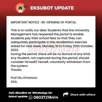 EKSU notice on re-opening of school portal for payment of school fees