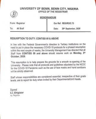 University of Benin Resumption to duty notice