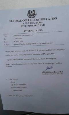 FCE, Zaria psychometric studies registration deadline
